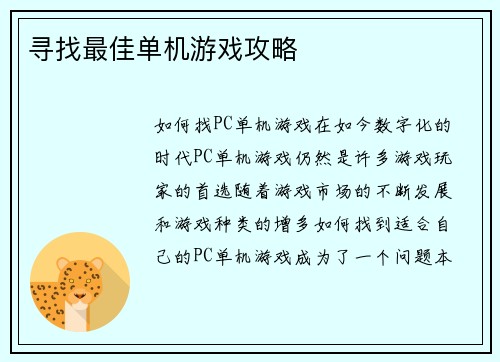 寻找最佳单机游戏攻略